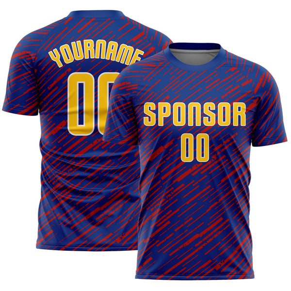 Custom Royal Yellow Red-White Line Sports Sublimation Soccer Uniform Jersey