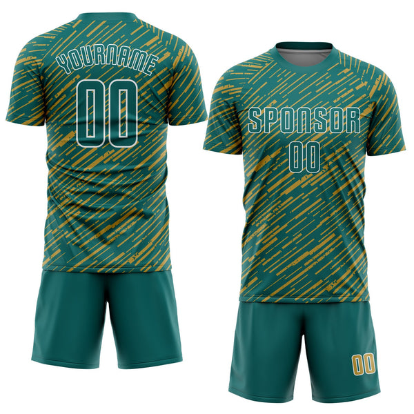 Custom Teal Old Gold-White Line Sports Sublimation Soccer Uniform Jersey alternate