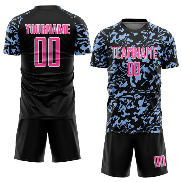Custom Black Pink Light Blue-White Liquid Fluid Pattern Sports Sublimation Soccer Uniform Jersey alternate