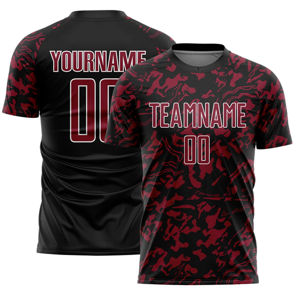 Custom Black Crimson-White Liquid Fluid Pattern Sports Sublimation Soccer Uniform Jersey