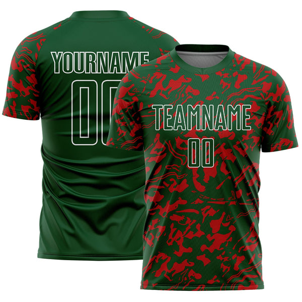 Custom Green Red-White Liquid Fluid Pattern Sports Sublimation Soccer Uniform Jersey