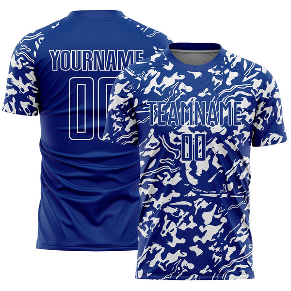 Custom Royal White Liquid Fluid Pattern Sports Sublimation Soccer Uniform Jersey