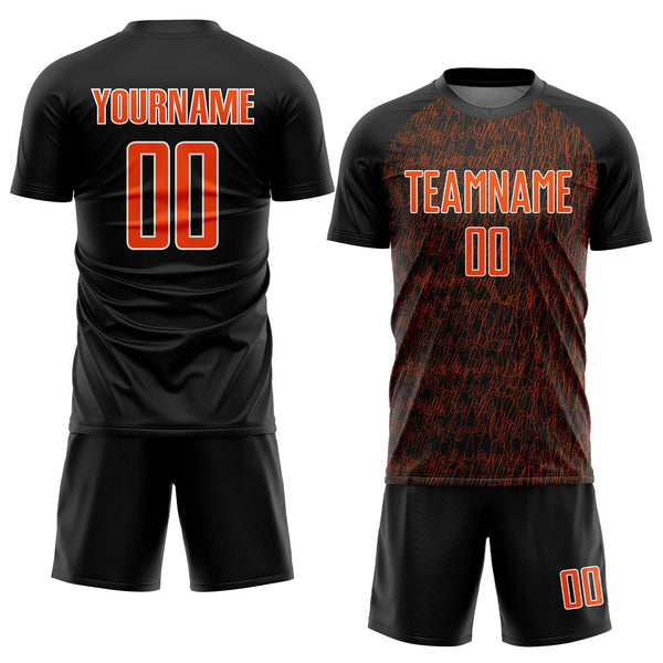 Custom Black Orange-White Abstract Scribble Curve Line Pattern Sports Sublimation Soccer Uniform Jersey alternate