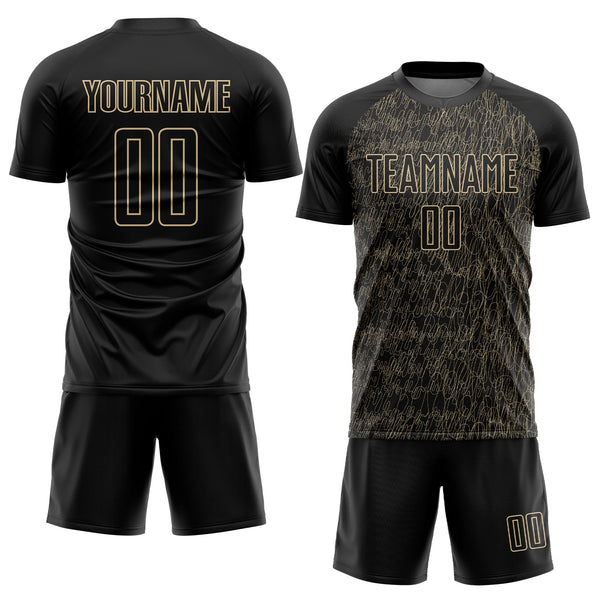 Custom Black Vegas Gold Abstract Scribble Curve Line Pattern Sports Sublimation Soccer Uniform Jersey alternate