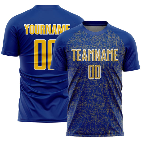 Custom Royal Old Gold-White Abstract Scribble Curve Line Pattern Sports Sublimation Soccer Uniform Jersey
