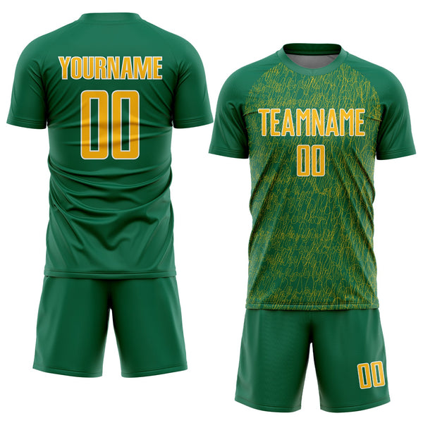 Custom Kelly Green Gold-White Abstract Scribble Curve Line Pattern Sports Sublimation Soccer Uniform Jersey alternate
