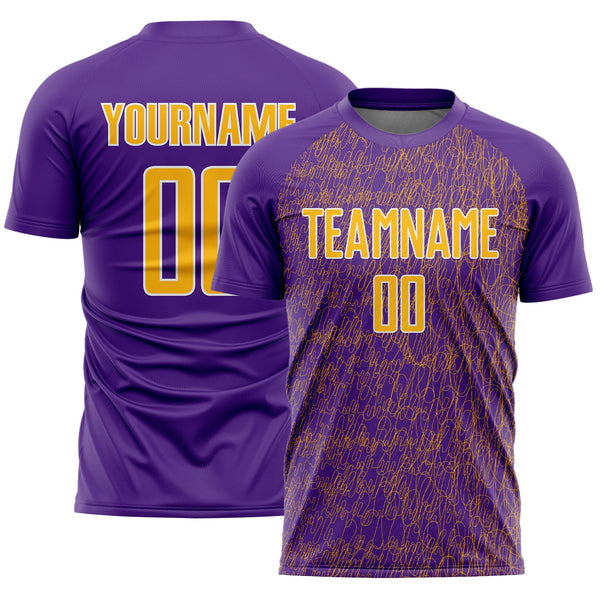 Custom Purple Gold-White Abstract Scribble Curve Line Pattern Sports Sublimation Soccer Uniform Jersey