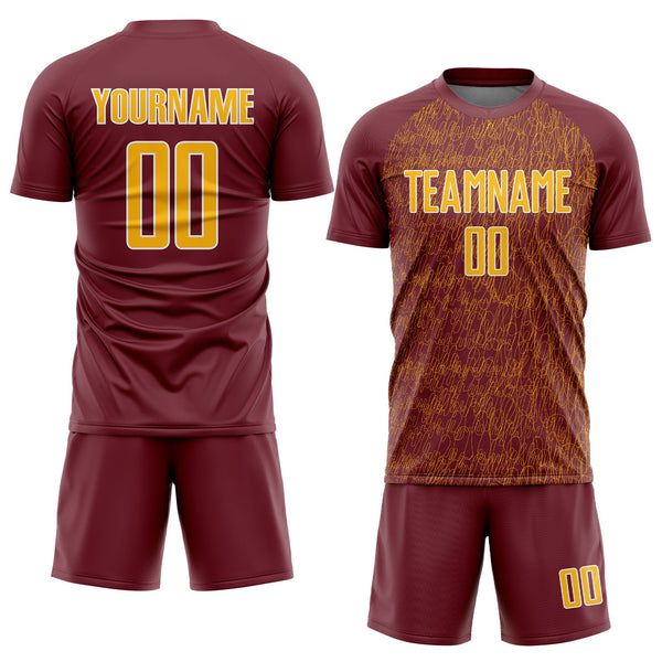 Custom Burgundy Gold-White Abstract Scribble Curve Line Pattern Sports Sublimation Soccer Uniform Jersey alternate