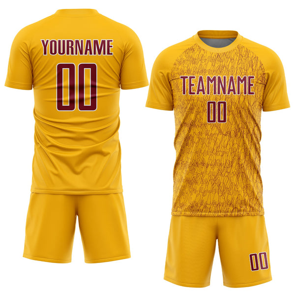 Custom Gold Crimson-White Abstract Scribble Curve Line Pattern Sports Sublimation Soccer Uniform Jersey alternate