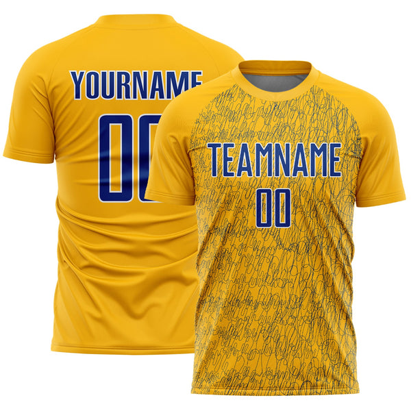 Custom Gold Royal-White Abstract Scribble Curve Line Pattern Sports Sublimation Soccer Uniform Jersey