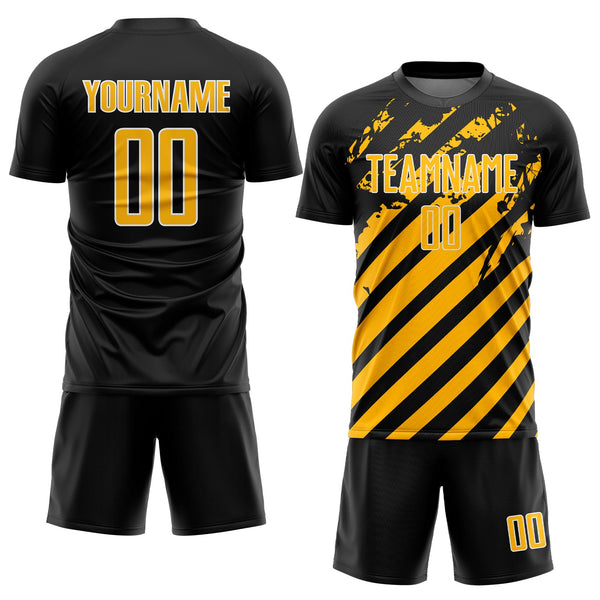 Custom Black Gold-White Distressed Diagonal Stripe Pattern Sports Sublimation Soccer Uniform Jersey alternate