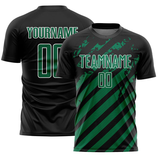 Custom Black Kelly Green-White Distressed Diagonal Stripe Pattern Sports Sublimation Soccer Uniform Jersey