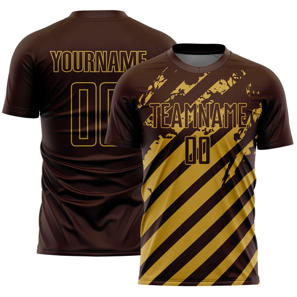 Custom Brown Old Gold Distressed Diagonal Stripe Pattern Sports Sublimation Soccer Uniform Jersey