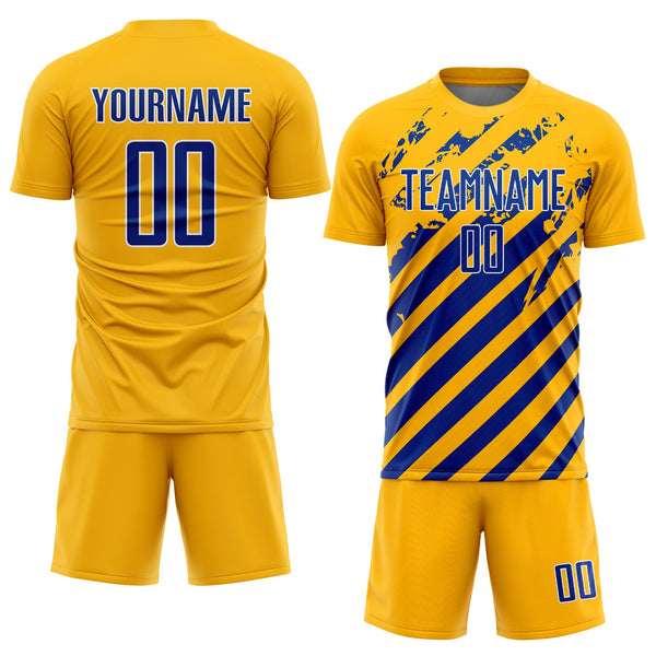 Custom Gold Royal-White Distressed Diagonal Stripe Pattern Sports Sublimation Soccer Uniform Jersey alternate