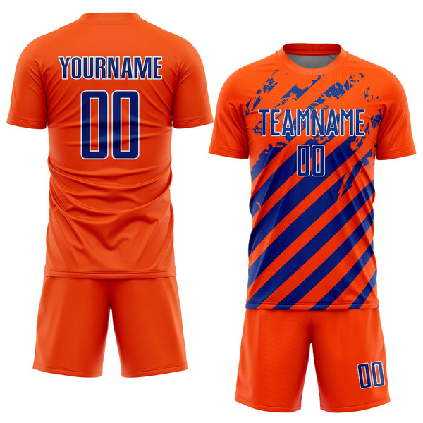 Custom Orange Royal-White Distressed Diagonal Stripe Pattern Sports Sublimation Soccer Uniform Jersey alternate
