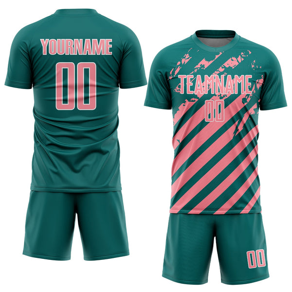 Custom Teal Medium Pink-White Distressed Diagonal Stripe Pattern Sports Sublimation Soccer Uniform Jersey alternate