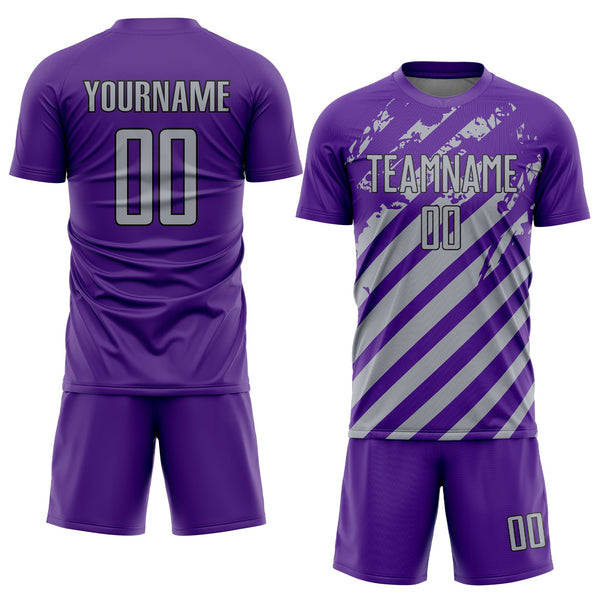Custom Purple Gray-Black Distressed Diagonal Stripe Pattern Sports Sublimation Soccer Uniform Jersey alternate