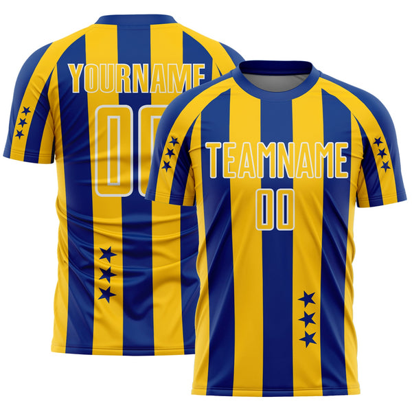 Custom Royal Yellow-White Stars And Stripes Sports Sublimation Soccer Uniform Jersey