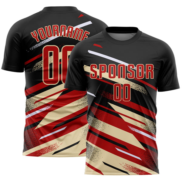 Custom Black Red Cream-White Grunge Stripe And Grainy Sports Sublimation Soccer Uniform Jersey