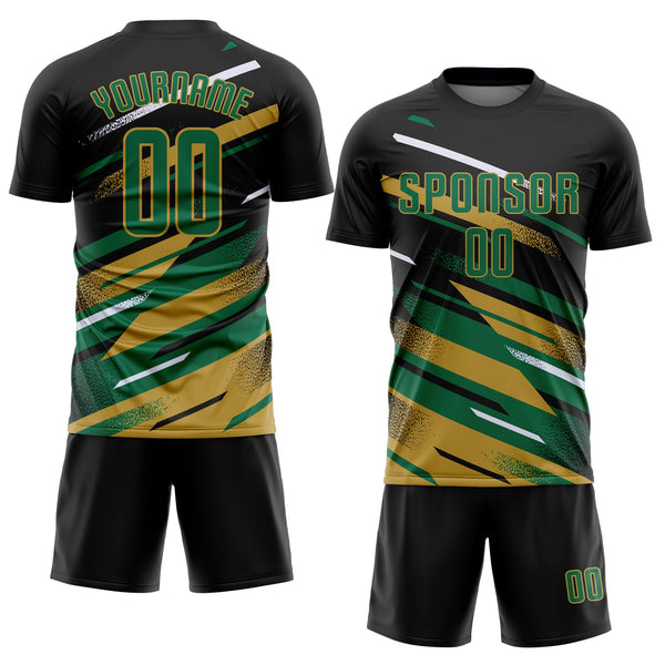 Custom Black Kelly Green Old Gold-White Grunge Stripe And Grainy Sports Sublimation Soccer Uniform Jersey alternate