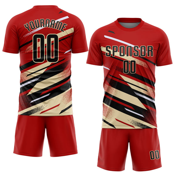 Custom Red Black Cream-White Grunge Stripe And Grainy Sports Sublimation Soccer Uniform Jersey alternate