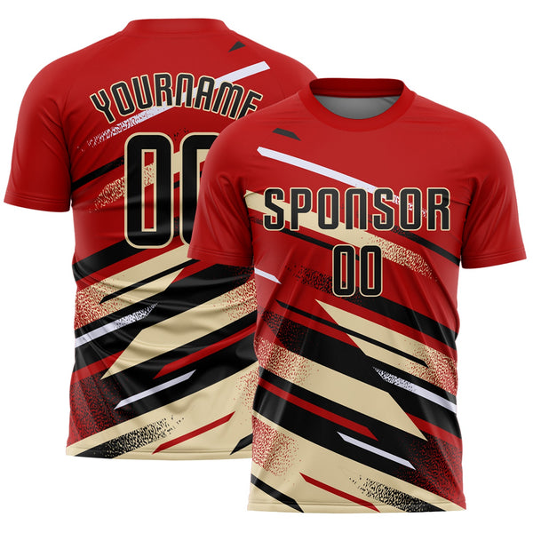 Custom Red Black Cream-White Grunge Stripe And Grainy Sports Sublimation Soccer Uniform Jersey