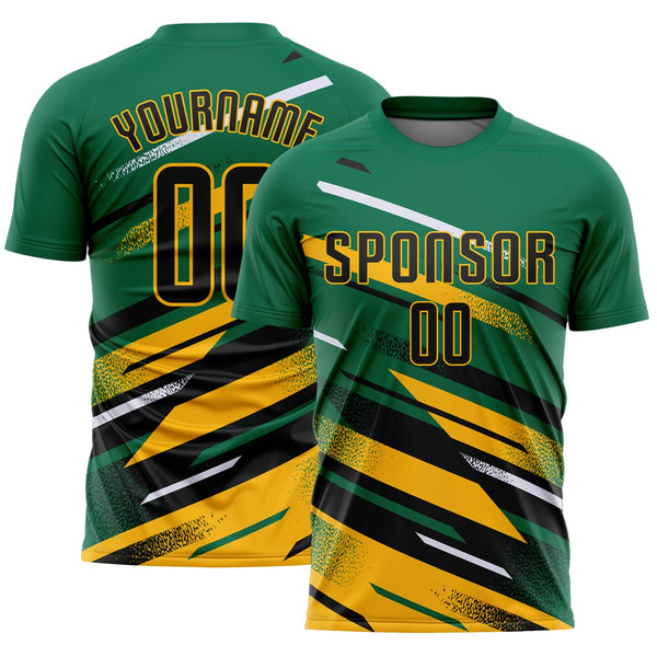 Custom Kelly Green Black Gold-White Grunge Stripe And Grainy Sports Sublimation Soccer Uniform Jersey