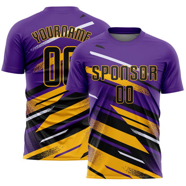 Custom Purple Black Gold-White Grunge Stripe And Grainy Sports Sublimation Soccer Uniform Jersey