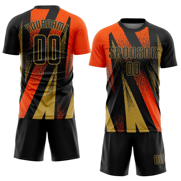 Custom Black Orange-Old Gold Radial Burst Sports Sublimation Soccer Uniform Jersey alternate