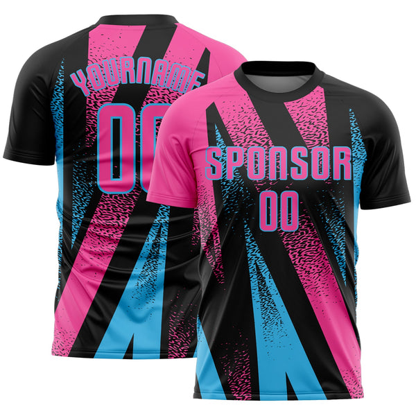 Custom Black Pink-Sky Blue Radial Burst Sports Sublimation Soccer Uniform Jersey