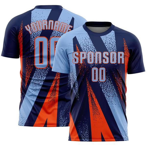 Custom Navy Light Blue-Orange Radial Burst Sports Sublimation Soccer Uniform Jersey