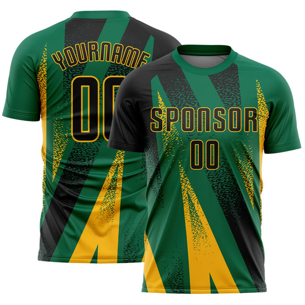 Custom Kelly Green Black-Gold Radial Burst Sports Sublimation Soccer Uniform Jersey