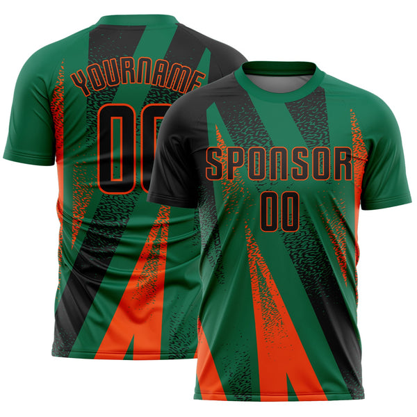 Custom Kelly Green Black-Orange Radial Burst Sports Sublimation Soccer Uniform Jersey