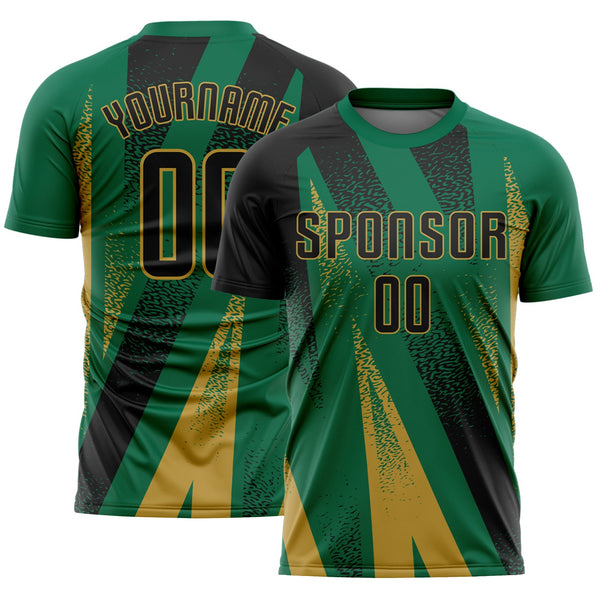 Custom Kelly Green Black-Old Gold Radial Burst Sports Sublimation Soccer Uniform Jersey