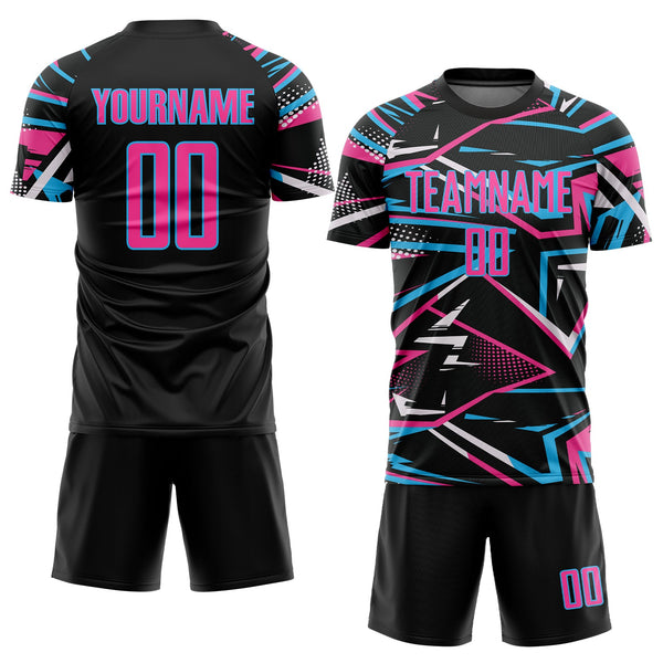 Custom Black Pink Sky Blue-White Abstract Geometric Stripes Sports Sublimation Soccer Uniform Jersey alternate