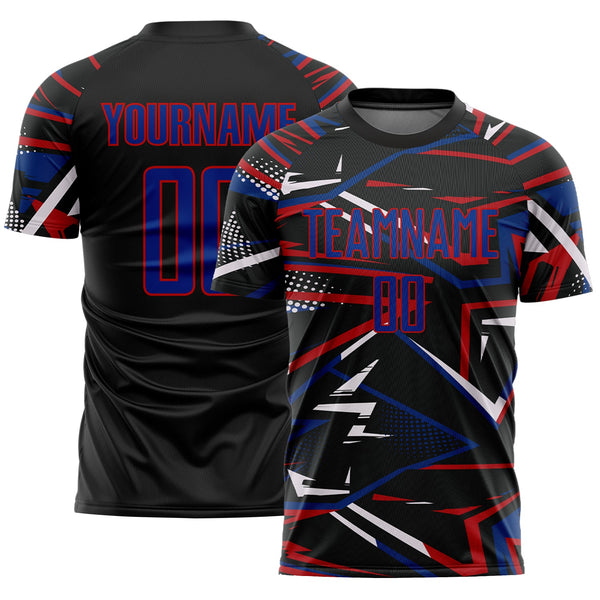 Custom Black Royal Gold-White Abstract Geometric Stripes Sports Sublimation Soccer Uniform Jersey
