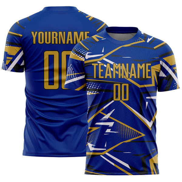 Custom Royal Old Gold Black-White Abstract Geometric Stripes Sports Sublimation Soccer Uniform Jersey