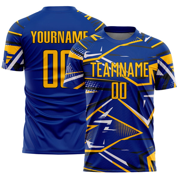 Custom Royal Gold Black-White Abstract Geometric Stripes Sports Sublimation Soccer Uniform Jersey