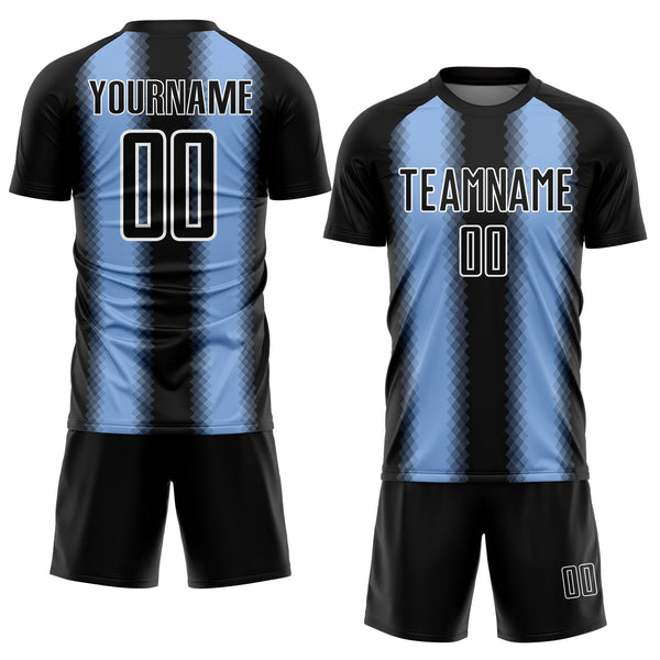 Custom Black Light Blue-White Zigzag Diamond Stripe Sports Sublimation Soccer Uniform Jersey alternate