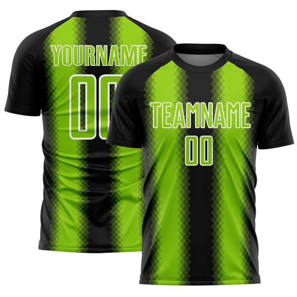 Custom Black Neon Green-White Zigzag Diamond Stripe Sports Sublimation Soccer Uniform Jersey