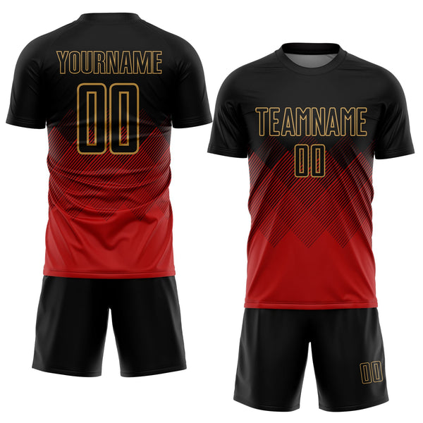 Custom Black Red-Old Gold Gradient Diamond Diagonal Lines Sports Sublimation Soccer Uniform Jersey alternate