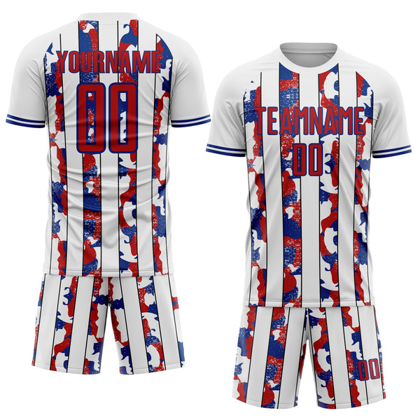Custom White Red-Royal Camo Stripe Sports Sublimation Soccer Uniform Jersey alternate
