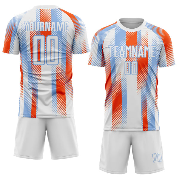 Custom White Light Blue-Orange Diagonal Stripe Sports Sublimation Soccer Uniform Jersey alternate