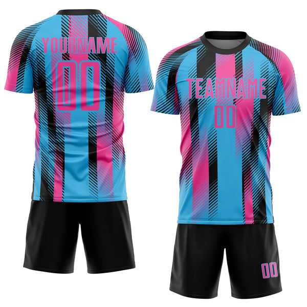 Custom Sky Blue Pink-Black Diagonal Stripe Sports Sublimation Soccer Uniform Jersey alternate