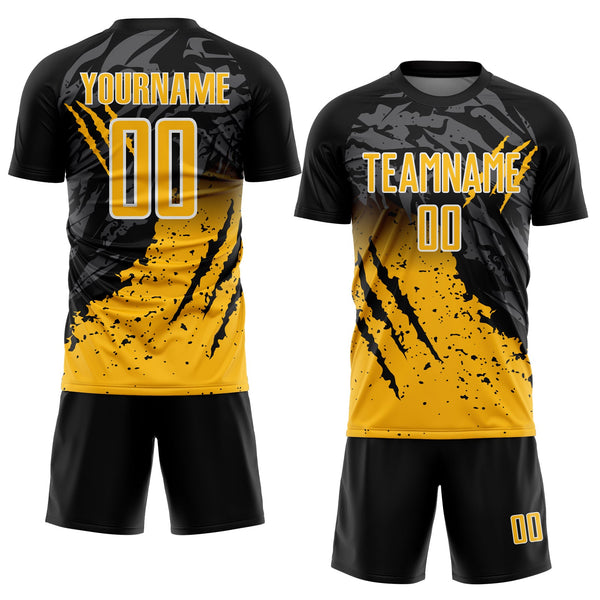 Custom Black Gold-White Gradient Claw Mark Splatter Sports Sublimation Soccer Uniform Jersey alternate