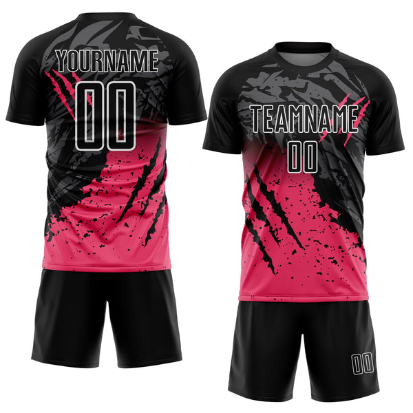 Custom Black White-Neon Pink Gradient Claw Mark Splatter Sports Sublimation Soccer Uniform Jersey alternate