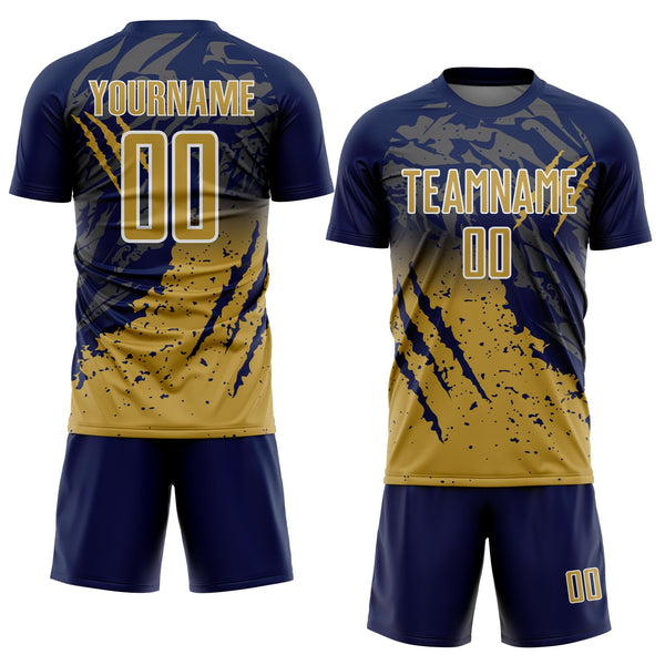 Custom Navy Old Gold-White Gradient Claw Mark Splatter Sports Sublimation Soccer Uniform Jersey alternate