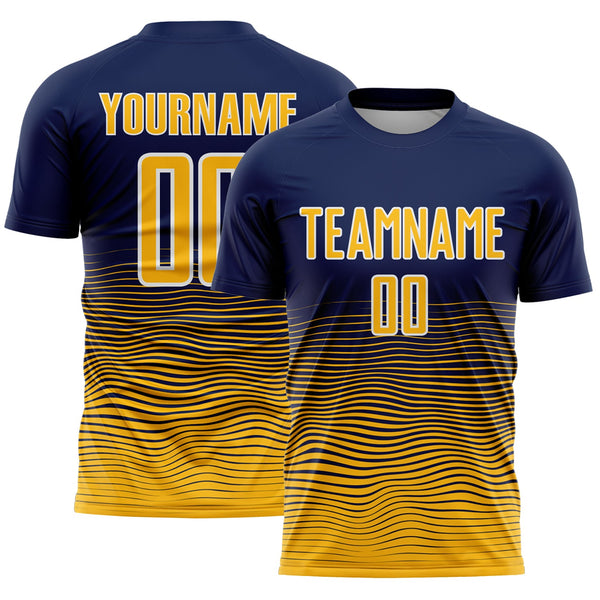 Custom Navy Gold-White Gradient Wave Line Sports Sublimation Soccer Uniform Jersey
