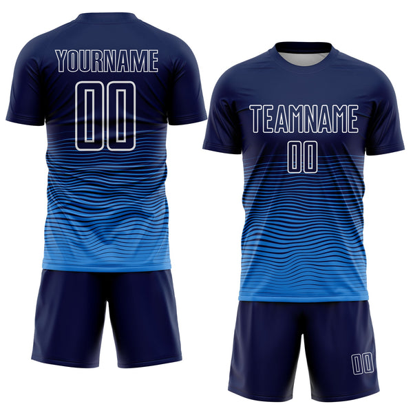 Custom Navy White-Powder Blue Gradient Wave Line Sports Sublimation Soccer Uniform Jersey alternate