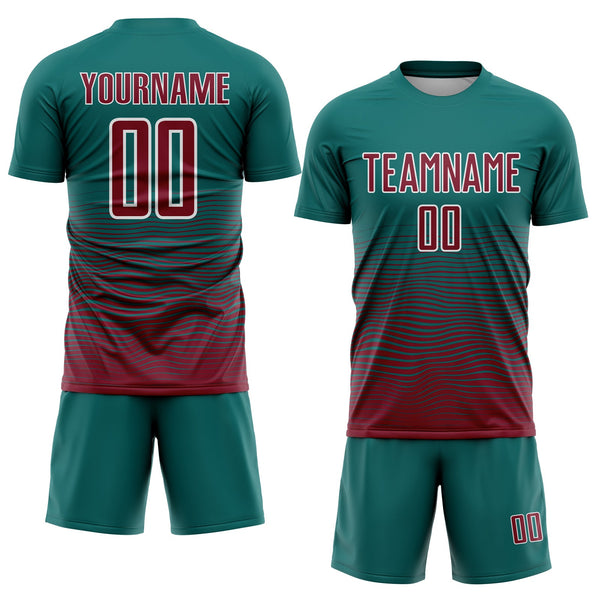 Custom Teal Crimson-White Gradient Wave Line Sports Sublimation Soccer Uniform Jersey alternate